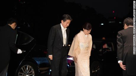 Shinzo and Akie Abe arrive at the Tokyo Imperial Palace after the enthronement ceremony for Emperor Naruhito in 2019. 