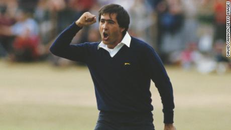 Seve Ballesteros celebrates after he holes out on the final 18th green to win the 1984 Open.