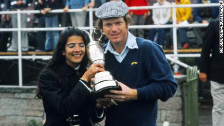 Tom Watson celebrates winning the 1975 Open at Carnoustie, Scotland, with his wife.