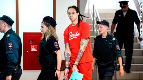 WNBA star Brittney Griner is escorted to a courtroom for a hearing in Russia on July 7.