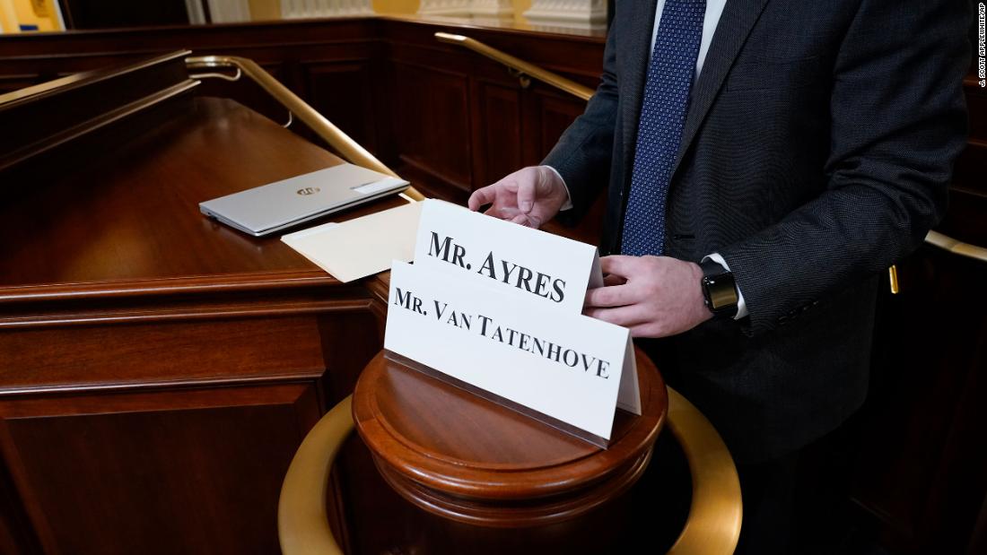Name placards for Van Tatenhove and Ayres are prepared before their testimony on July 12.