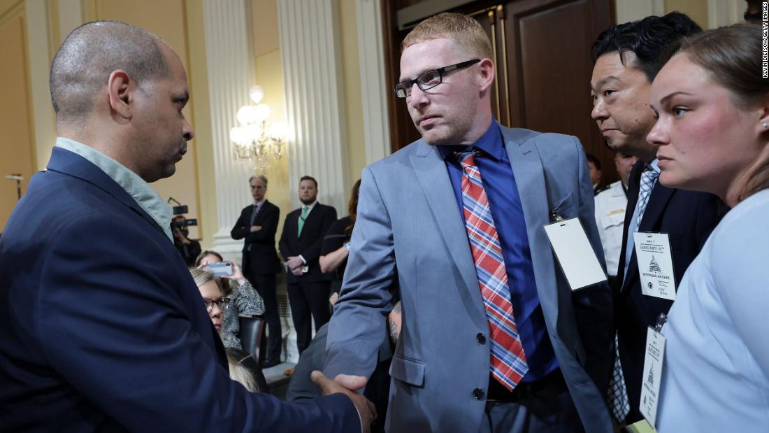 Stephen Ayres, second from left, shakes hands with Gonell after giving testimony to the committee. Ayres was one of the Capitol rioters on January 6. Gonell was one of the officers who defended the Capitol that day, and we learned that the injuries he suffered in the attack &lt;a href=&quot;https://www.cnn.com/politics/live-news/january-6-hearings-july-12/h_041b239e77bddbc2c84274b0ca1adbdf&quot; target=&quot;_blank&quot;&gt;are forcing him to quit policing.&lt;/a&gt;