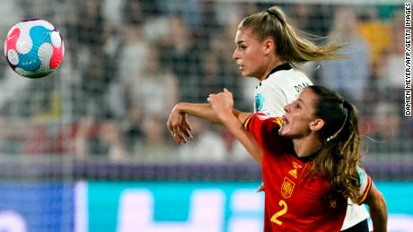 Germany&#39;s Jule Brand vies with Spain&#39;s Ona Batlle.