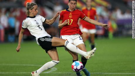 Germany&#39;s Kathrin Hendrich vies with Spain&#39;s Lucía García.