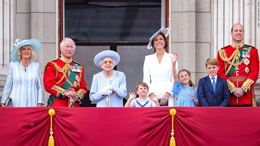 Members of the royal family watch jets roar over Buckingham Palace during the Trooping the Colour parade in London in June 2022. From left are Camilla, Charles, Queen Elizabeth II, Prince Louis, Duchess Catherine, Princess Charlotte, Prince George and Prince William.