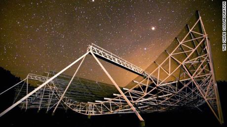 Pictured is the large CHIME radio telescope which captured burst FRB 20191221A.