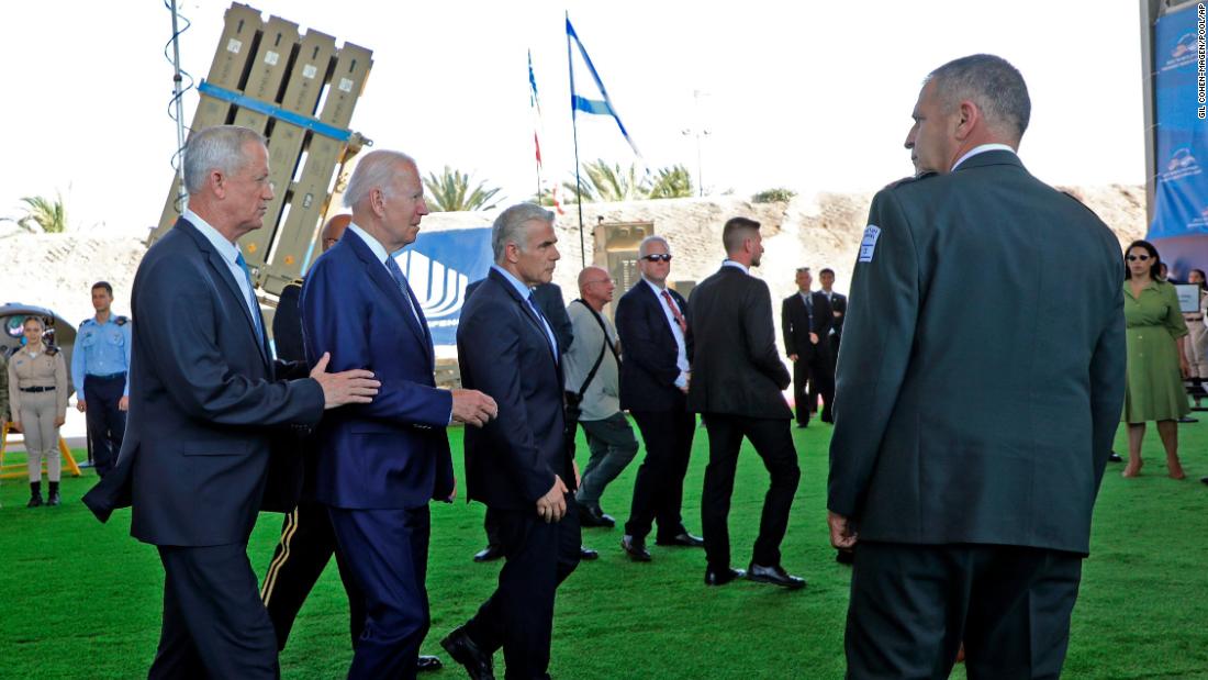 Israeli Defense Minister Benny Gantz, left, joins Biden and Lapid for a briefing on Israel&#39;s Iron Dome defense system and the next-generation, laser-enabled Iron Beam system.
