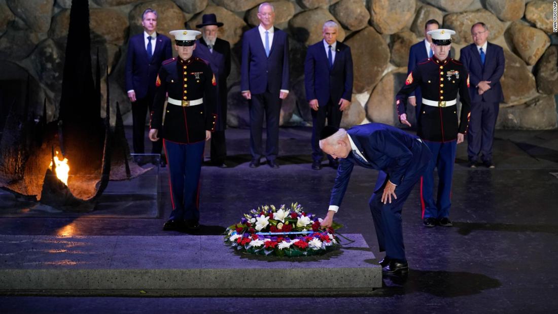 Biden lays a wreath at Yad Vashem.