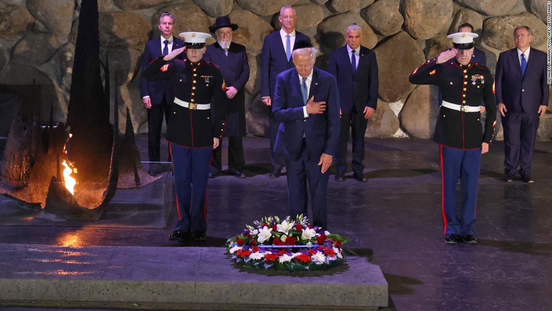 Biden lays a wreath Wednesday at the Yad Vashem Holocaust Remembrance Center in Jerusalem.