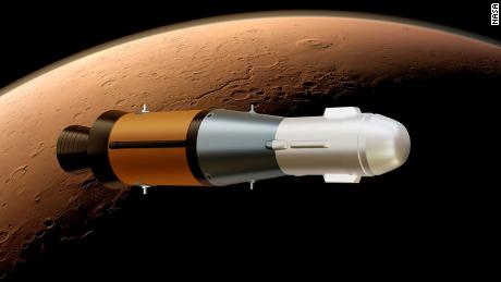 Diese Abbildung zeigt den Mars Ascent Rover der NASA im Orbit um den Mars mit den Proben an Bord.
