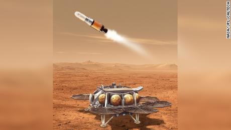 Diese Abbildung zeigt ein vorgeschlagenes Beispielkonzept für einen Sample Recovery Lander und einen Mars Ascent Lander.
