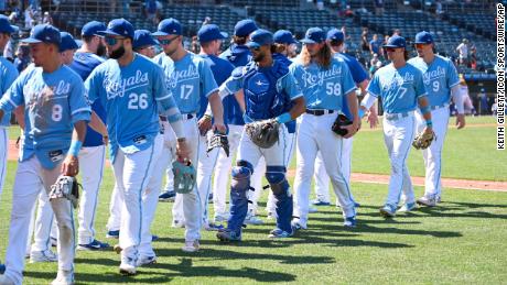 The Kansas City Royals come off the field after winning a MLB game against the Detroit Tigers on July 13, 2022, at Kauffman Stadium in Kansas City.