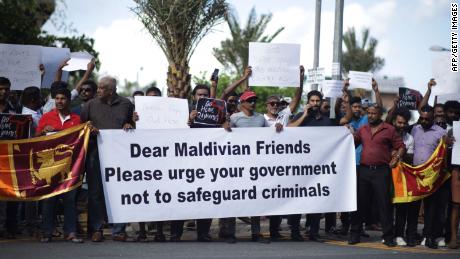 Sri Lankans living in the Maldives demonstrate in Male on July 13.