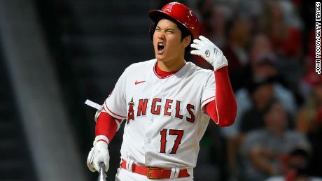 Shohei Ohtani reacts to hitting a foul ball while playing against the Houston Astros.