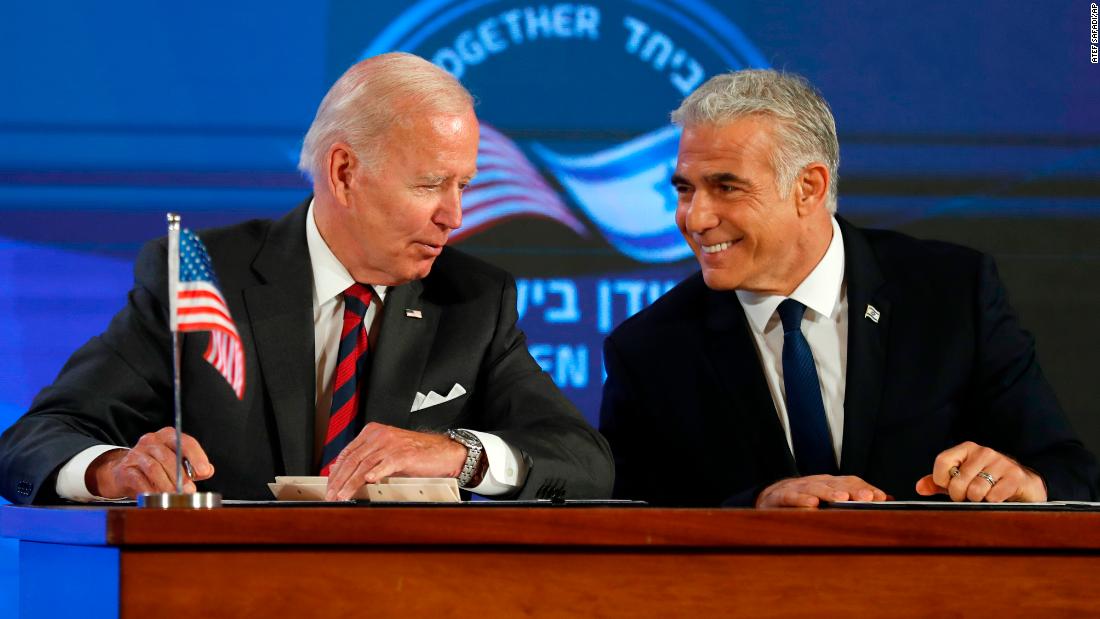 Biden and Israeli Prime Minister Yair Lapid &lt;a href=&quot;https://www.cnn.com/2022/07/14/politics/biden-israel-trip-day-2/index.html&quot; target=&quot;_blank&quot;&gt;sign a new joint declaration Thursday&lt;/a&gt; aimed at expanding the security relationship between their nations and countering what they described as efforts by Iran to destabilize the region. Biden on Thursday said the United States will not allow Iran to acquire a nuclear weapon, and he said he believed diplomacy remained the best avenue to keep the nation from obtaining one.