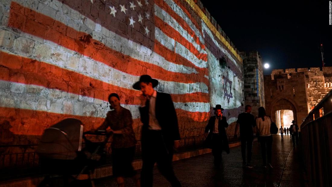 The American and Israeli flags are projected onto the walls of Jerusalem&#39;s Old City in honor of Biden&#39;s visit.