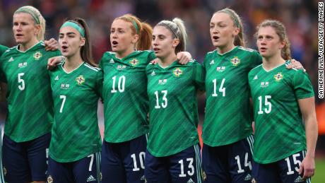 Northern Ireland assembles for its anthem during its World Cup qualifying match against England.