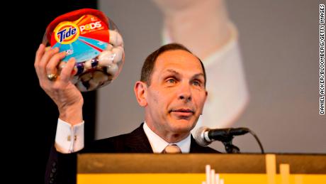 Tide Pods launched in 2012. Here, former CEO Bob McDonald showcases an early version of Tide Pods&#39; clear package design.