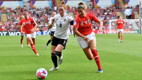Northern Ireland captain Marissa Callaghan challenges Austria's Marina Georgieva at Euro 2022.