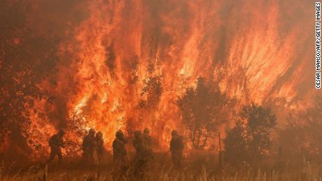 La ola de calor terminará en España el lunes, pero los bomberos aún están combatiendo los incendios forestales en las regiones del norte, incluido Pumarejo de Tera, cerca de Zamora.
