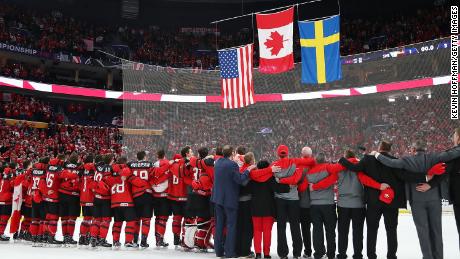Team Canada stands for the national anthem after the gold medal game against Sweden of the IIHF World Junior Championship at KeyBank Center on January 5, 2018.