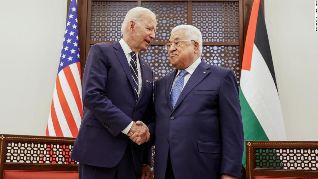 Biden and Abbas shake hands on Friday. The meeting with Abbas came as Biden continues to advocate for a two-state solution to the Israeli-Palestinian conflict. Following his meeting with Abbas, Biden acknowledged such an agreement &quot;seems so far away&quot; and that &quot;the ground is not ripe at this moment to restart negotiations.&quot; However, he also suggested that better relations between Israel and Arab nations could lead to momentum to a deal between Israelis and Palestinians.