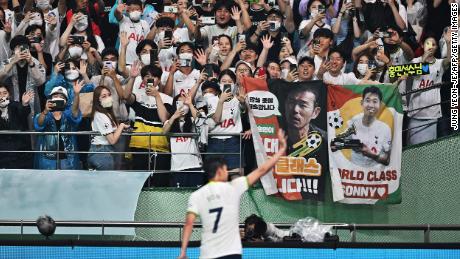 Son Heung-min waves to fans after a friendly between Tottenham Hotspur and Team K League at the Seoul World Cup Stadium on July 13.