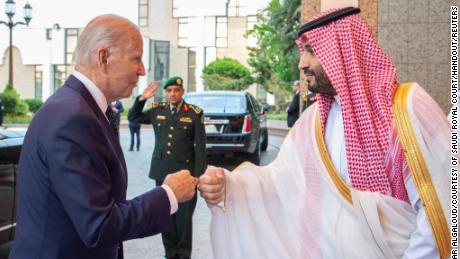 Saudi Crown Prince Mohammed bin Salman fist bumps U.S. President Joe Biden upon his arrival at Al Salman Palace, in Jeddah, Saudi Arabia, July 15, 2022. Bandar Algaloud/Courtesy of Saudi Royal Court/Handout via REUTERS ATTENTION EDITORS - THIS PICTURE WAS PROVIDED BY A THIRD PARTY