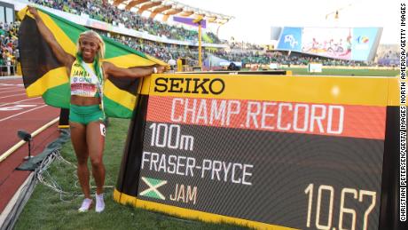 Shelly-Ann Fraser-Pryce wins the 100m title at the World Championships in Eugene, Oregon. 