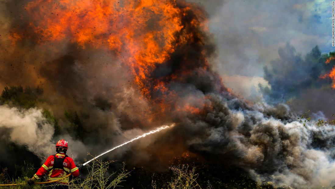A firefighter tackles the flames surrounding Portugal&#39;s Ancede village on July 15.