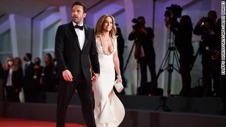 Ben Affleck and Jennifer Lopez arrive for the screening of the film &quot;The Last Duel&quot; on September 10, 2021, during the Venice Film Festival.