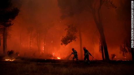 Firefighters tackle a forest fire approaching houses on July 18, 2022 in Avila, Spain. 