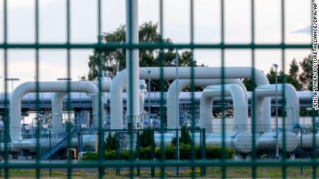 Pipe systems and shut-off devices at the gas receiving station of the Nord Stream 1 Baltic Sea pipeline and the transfer station of the OPAL (Ostsee-Pipeline-Anbindungsleitung) on ​​July 11 2022, in Mecklenburg, Western Pomerania, Lubmin, Germany. 
