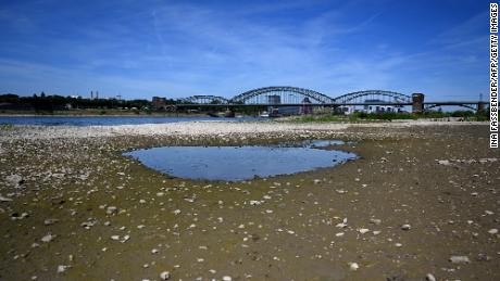 A photo taken on July 18 shows a puddle in the middle of the almost dry Rhine river bed in Cologne, western Germany, as many parts of Europe experience a heat wave.
