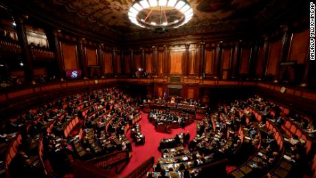Senators listen to Mario Draghi&#39;s speech at the Senate in Rome on July 20.
