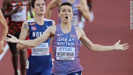 A stunned Jake Wightman crosses the finish line ahead of Jakob Ingebrigtsen in a victory seen -- and commentated on -- by his father.