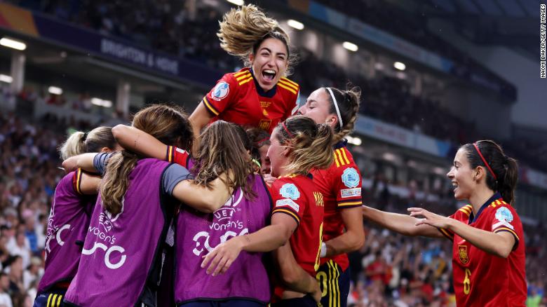 Spain celebrates Esther GonzÃ¡lez&#39;s goal.