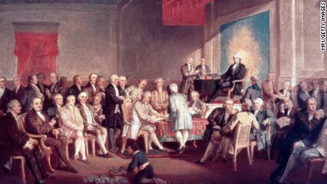 This painting chronicles lawmakers&#39; signing of the Constitution of the United States in 1787. 