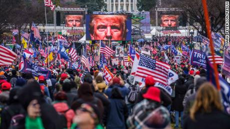 Supporters of then-President Donald Trump  gather on the Ellipse near the White House to hear him speak on January 6, 2021.  
