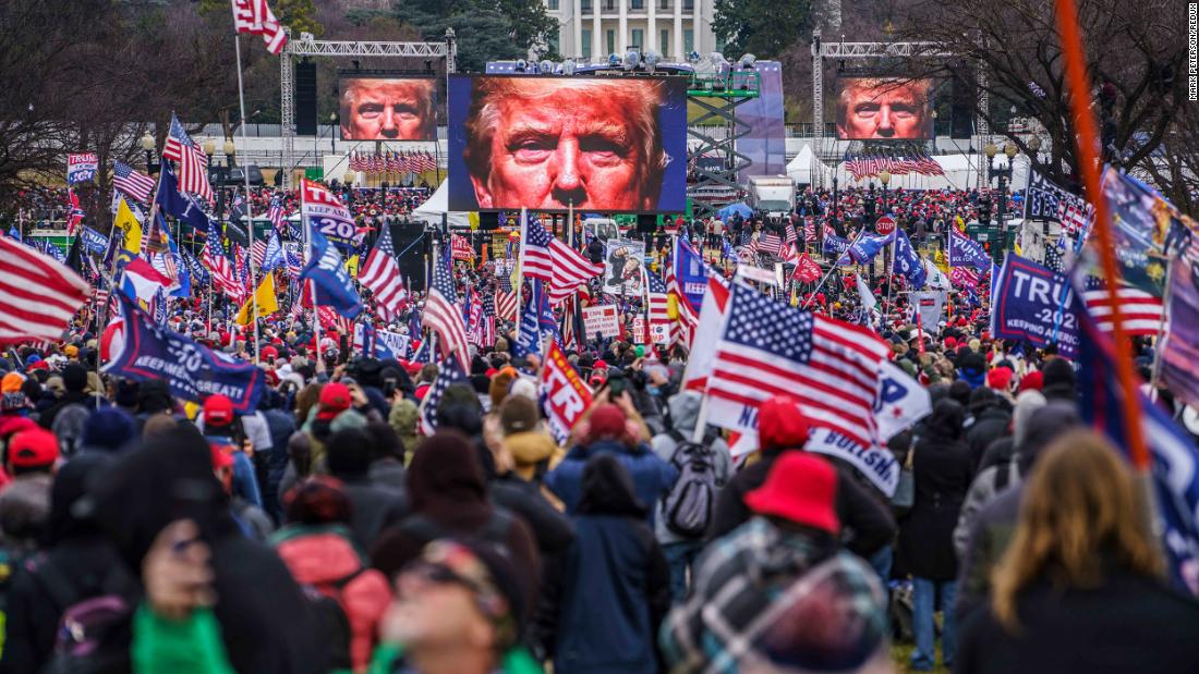 Supporters of then-President Donald Trump  gather on the Ellipse near the White House to hear him speak on January 6, 2021.  
