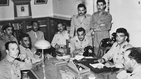 Some of the Egyptian military leaders who led the coup on July 23, including Gamal Abdel Nasser, are photographed in Cairo, Egypt, July 31, 1952.