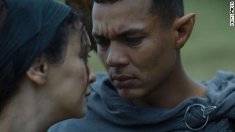 Arondir the Silvan Elf (Ismael Cruz Cordova) shares a tender moment with Bronwyn (Nazanin Boniadi).  The two characters were created for the series.