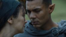Silvan elf Arondal (Ismael Cruz Cordova) shares a tender moment with Bronwyn (Nazanin Boniadi).  Two characters were created for the series.
