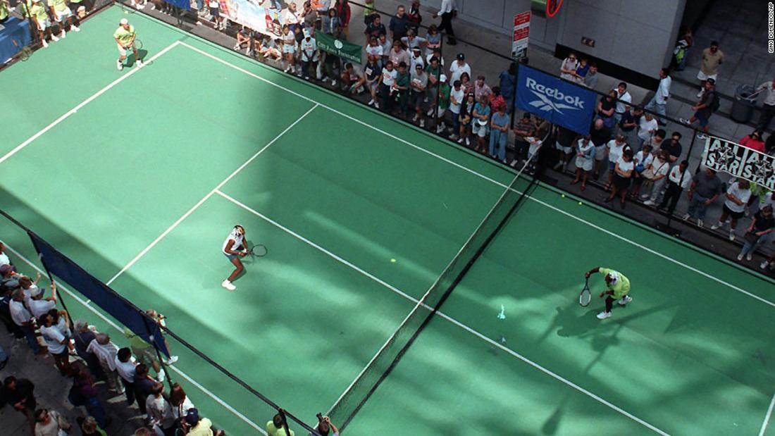 The Williams sisters and the Jensen brothers, Luke and Murphy, play an exhibition in New York&#39;s Times Square in 1997. It was part of the lead-up to the US Open.