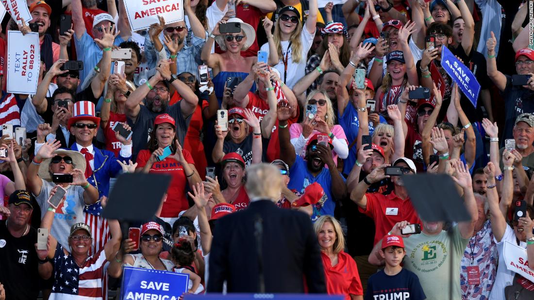 Trump holds &lt;a href=&quot;https://www.cnn.com/2021/06/26/politics/trump-rally-anthony-gonzalez/index.html&quot; target=&quot;_blank&quot;&gt;his first post-presidency rally&lt;/a&gt; at the Lorain County Fairgrounds in Wellington, Ohio, in June 2021.