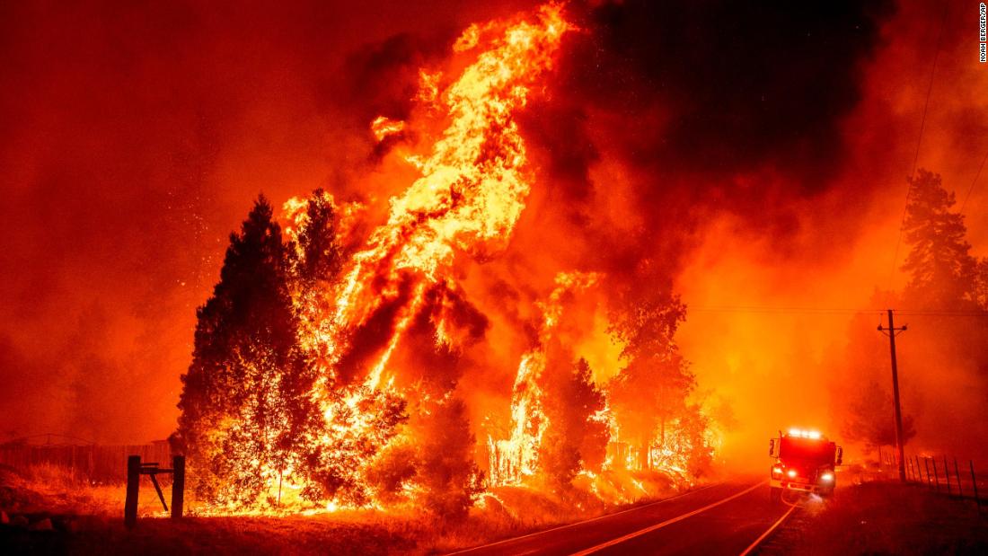 Flames leap from trees as the Oak Fire crosses Darrah Road in Mariposa County on Friday, July 22.