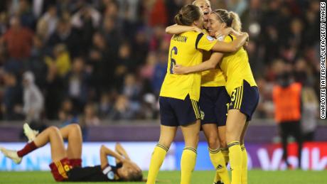 Sweden&#39;s Linda Sembrant celebrates with teammates after scoring against Belgium to seal her team&#39;s spot in the Women&#39;s Euro 2022 semifinals.