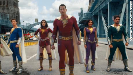 Zachary Levi (center) leads the cast of &quot;Shazam! Fury of the Gods,&quot; one of the more lighthearted entries in the DC Films universe. 