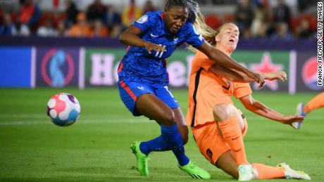 France striker Kadidiatou Diani vies with the Netherlands' defender Stefanie van der Gragt.