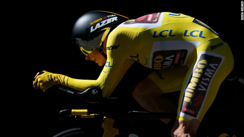 Denmark&#39;s Jonas Vingegaard, wearing the overall leader&#39;s yellow jersey, competes during the 20th stage of the Tour de France cycling race.